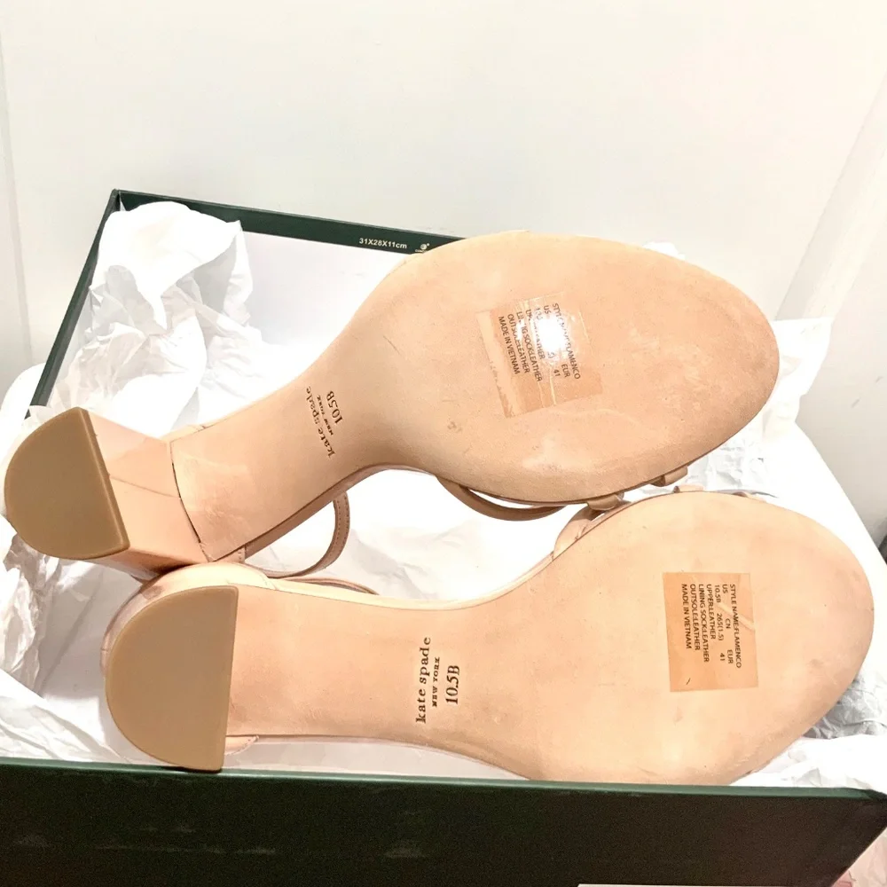 Kate Spade Flamenco Nude Patent Leather Sandal Block Heel Ankle Strap Shoes 10.5